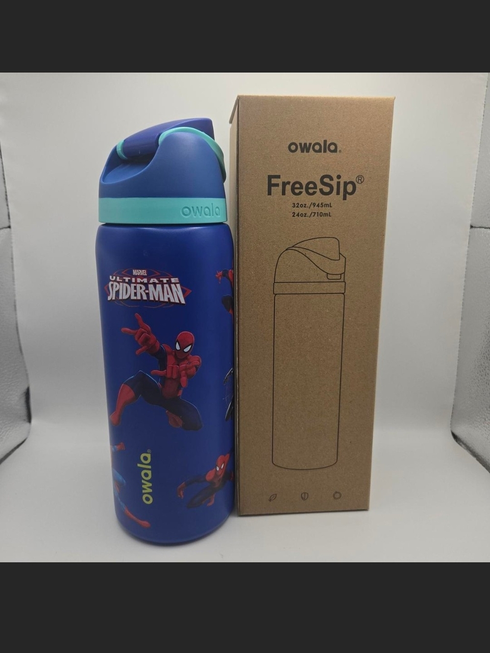 Owala FreeSip Spider-Man Stainless Bottle in Blue with Teal Accent